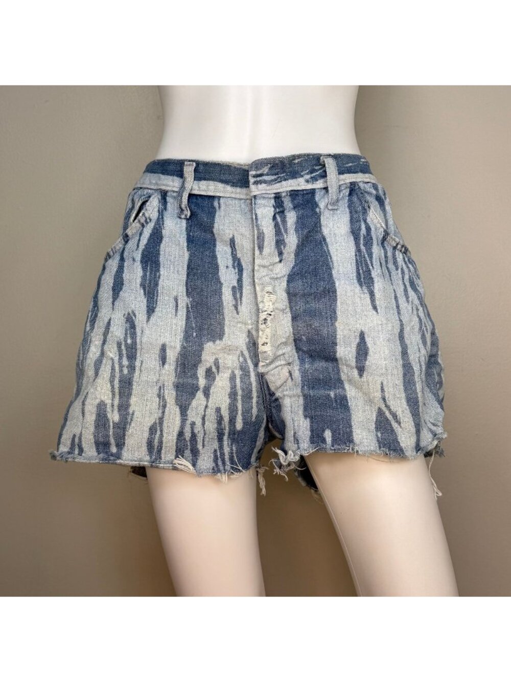 Vintage 1970s Denim Shorts Cut Off, Bleached Zebra Stripe, 35" Waist, Distressed